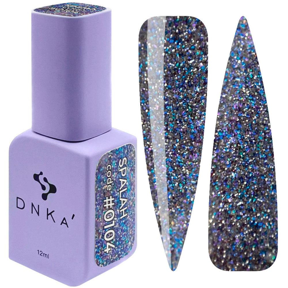 A bottle of DNKa' Gel Polish in color #0104 with a glittery blue and purple shade, alongside a set of two gel polish strips showing the glittery effect.
