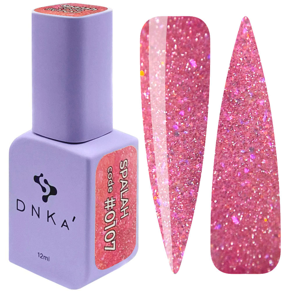 A bottle of DNKa' Gel Polish in color #0107 with a glittery pink shade, alongside a set of nail art stickers with the same color and glitter.