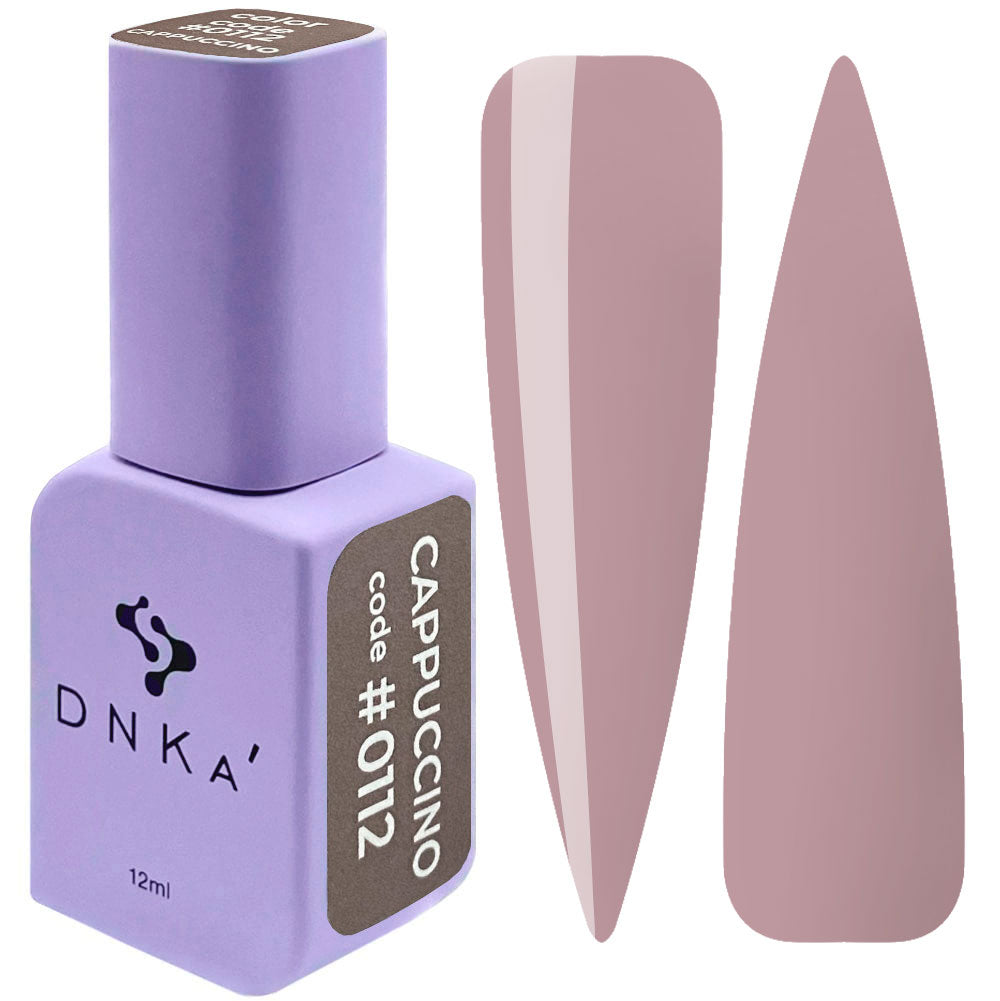 DNKA Cappuccino #0112 nail polish bottle with a nail sample Cappuccino on a white background