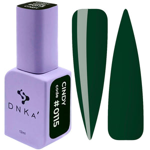 A bottle of DNKa' Gel Polish in color #0115, alongside a swatch of the green polish.
