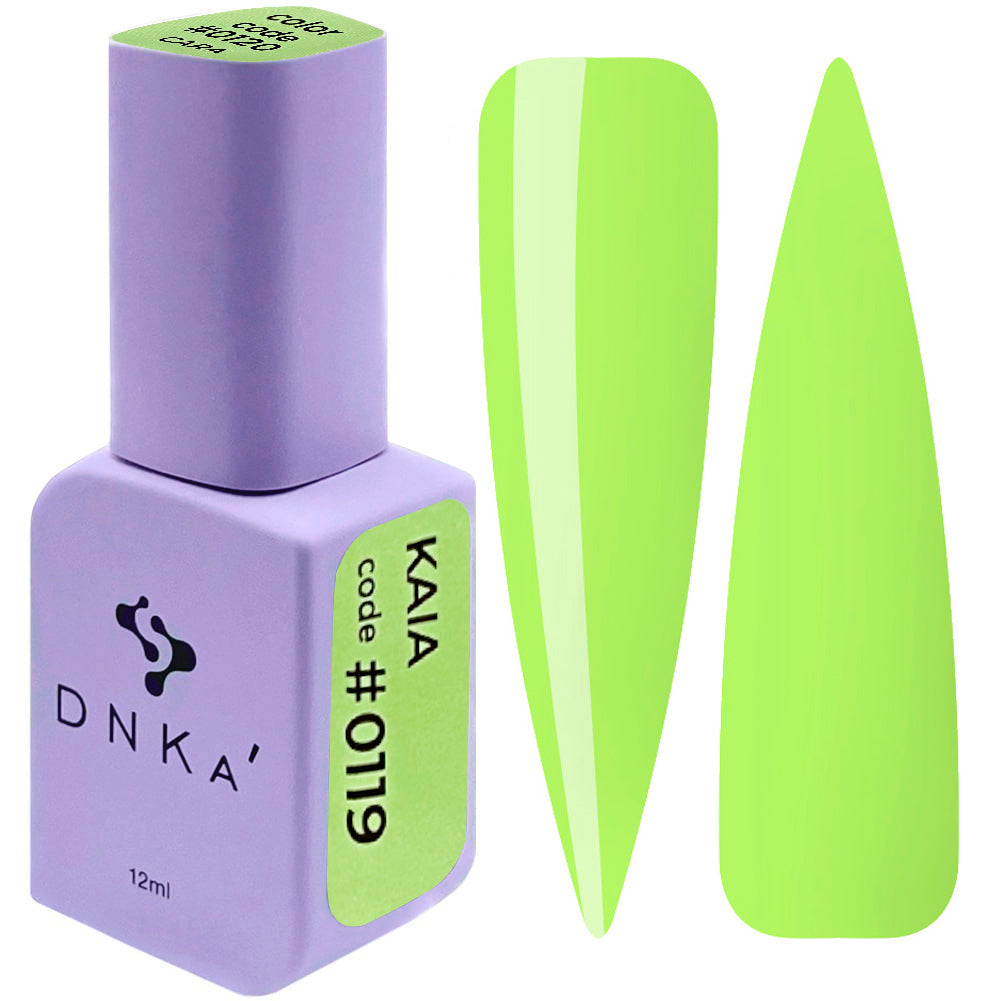 A bottle of DNKa' Gel Polish in color #0119, alongside a swatch demonstrating the green color and smooth texture of the polish.