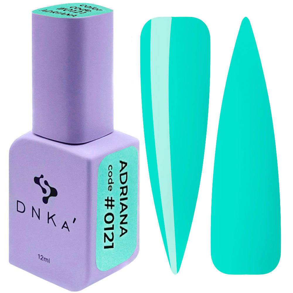 DNKA' nail polish bottle with teal color 0121 Adriana swatch on a white background
