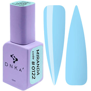 A purple DNKa' Gel Polish bottle with the label #0122 and a swatch of the blue color gel polish.