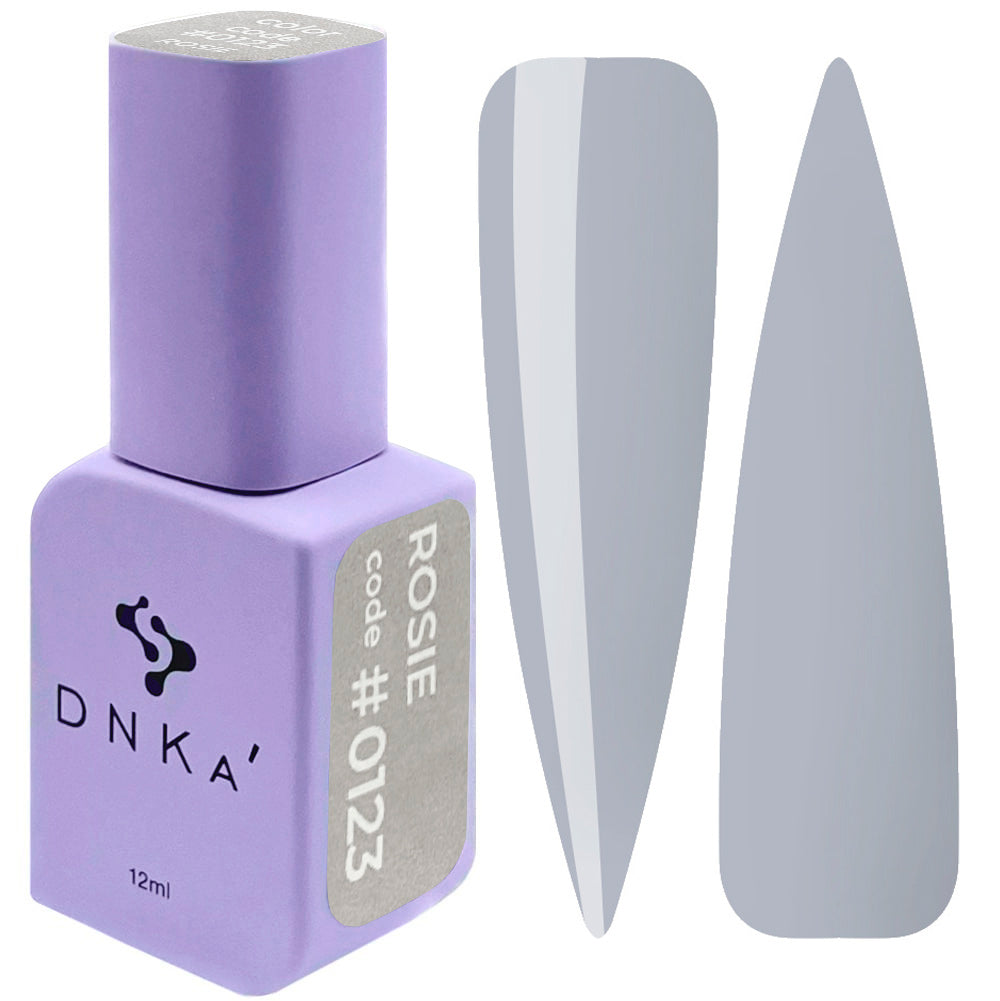 A purple DNKa' Gel Polish jar with the color #0123 shown alongside a sample nail color swatch.