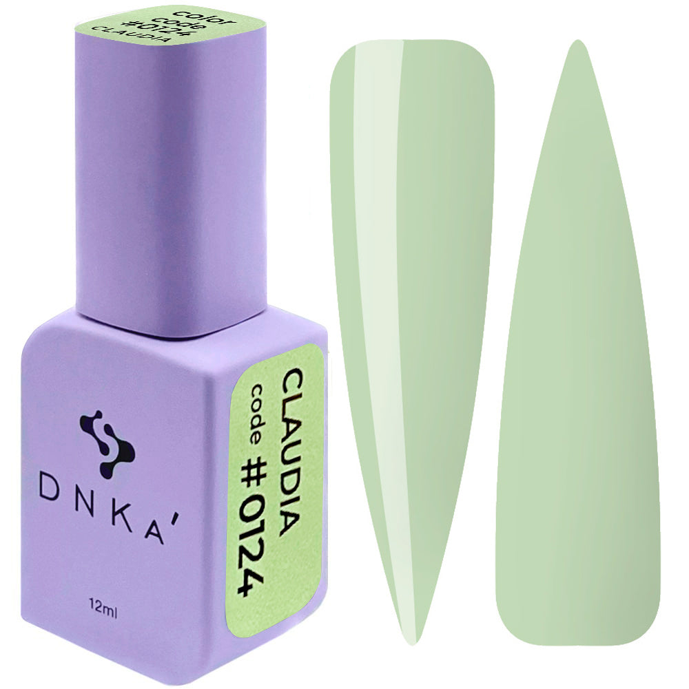 A purple DNKa' Gel Polish bottle with the cap removed, showing a matte green colored polish inside, alongside a swatch of the matte green color. 0124 Claudia