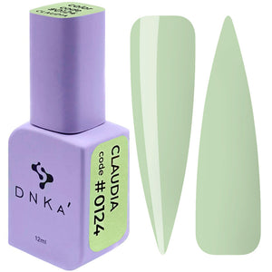 A purple DNKa' Gel Polish bottle with the cap removed, showing a matte green colored polish inside, alongside a swatch of the matte green color. 0124 Claudia