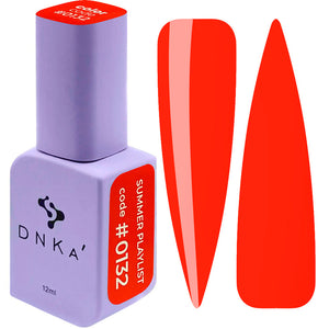 A bottle of DNKa' Gel Polish in color #0132 with a red lid, alongside a sample red nail color swatch.