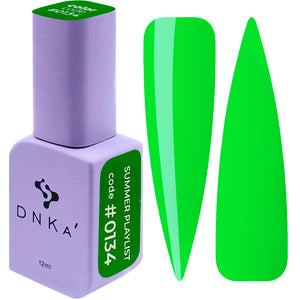 A bottle of DNKa' Gel Polish in color #0134, alongside a swatch of the green polish.