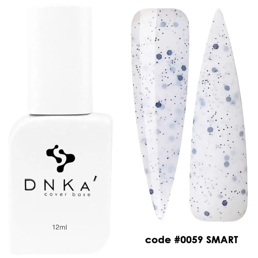 A bottle of DNKa' Cover Base #0059 Smart nail polish with a capacity of 12 ml, displayed alongside a sample nail color swatch showing a camouflage pattern.