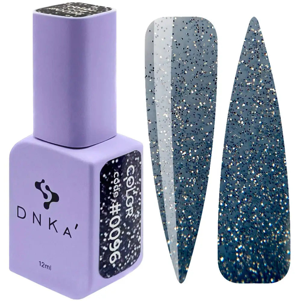 A bottle of DNKa' Gel Polish in color #0096, which is a glittery blue gel polish, shown alongside a swatch demonstrating the glittery gold finish on a nail.