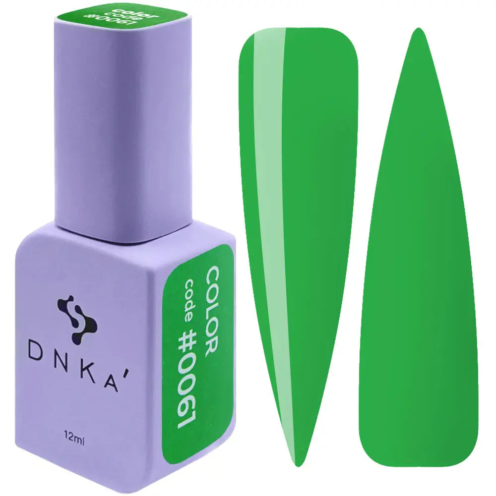 A purple-colored DNKa' Gel Polish bottle with a green nail polish color swatch beside it, indicating the color of the polish.
 A bottle of DNKa' Gel Polish in color #0061
