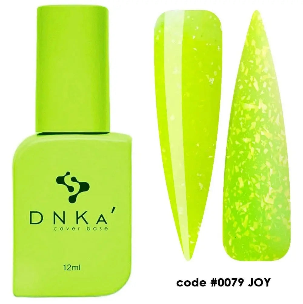 A bottle of DNKa' Cover Base with a glittery in neon yellow color, multicolored nail polish-like finish, labeled as #0079 Joy, with a capacity indicator of 12 ml.