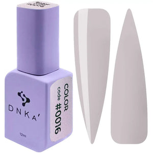A swatch of DNKa' Gel Polish in color #0016, showing the color and texture of the polish. The polish is a light grey shade.