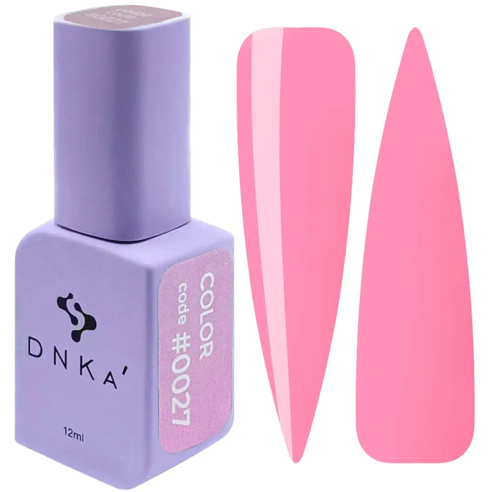 A bottle of DNKa' Gel Polish in color #0027 with a pink shade, accompanied by a visual representation of the nail polish application on a pink nail shape.