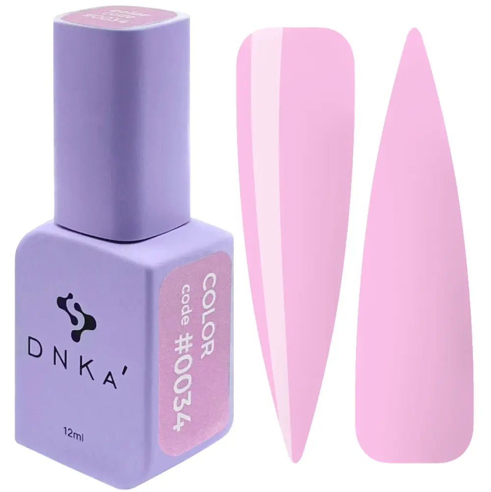 A purple bottle of DNKa' Gel Polish with the color code #0034, showing the light pink gel polish and its packaging.