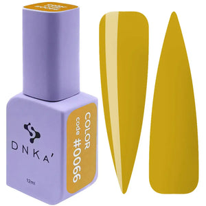 A bottle of DNKa' Gel Polish in color #0066, which is a bright yellow shade. The polish is shown both in the bottle and applied on a nail shape.