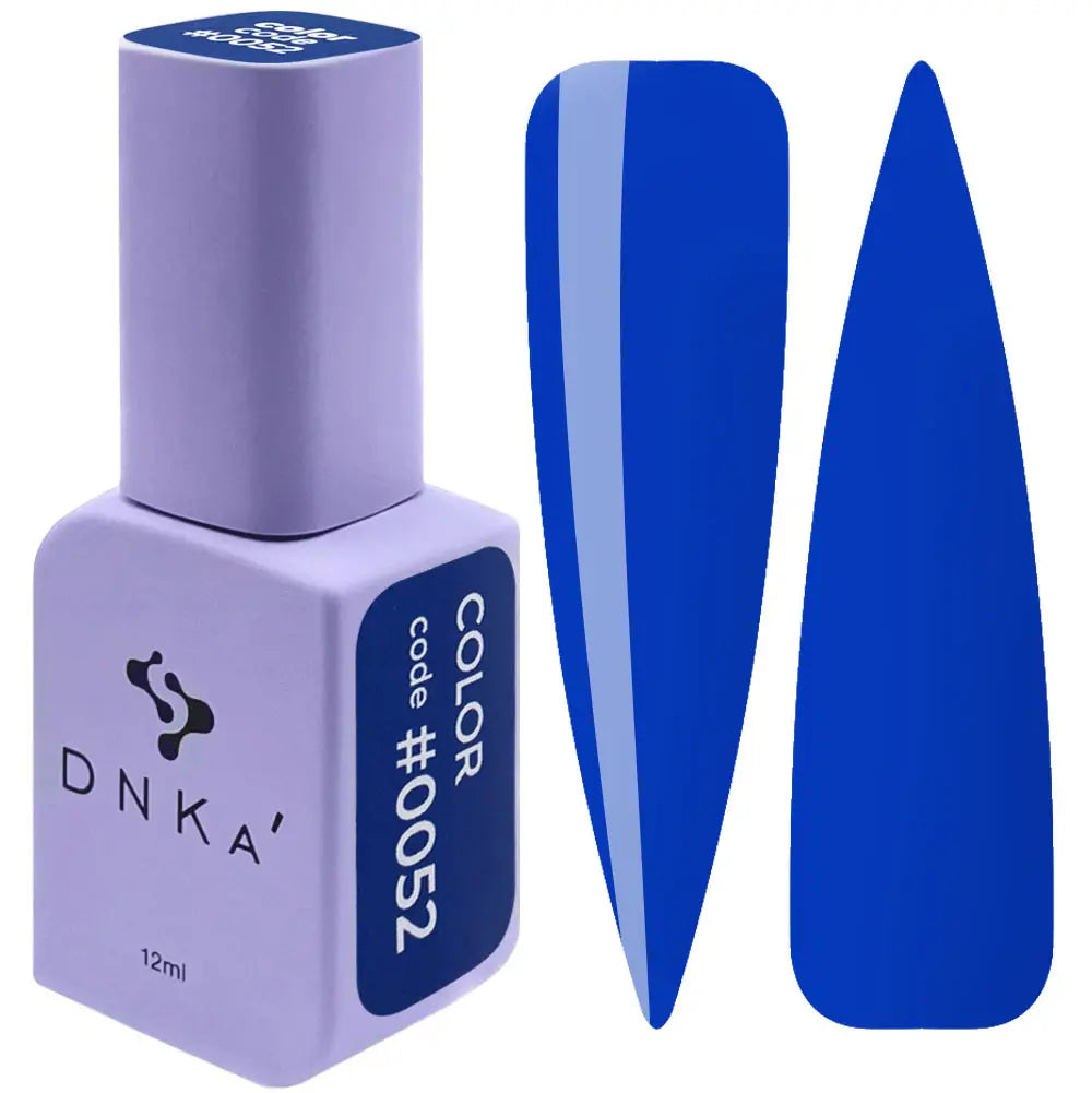 A purple DNKa' Gel Polish bottle with the cap removed, showing the blue color of the polish, alongside a blue nail polish wedge. A purple-colored DNKa' Gel Polish bottle with the code #0052 and 12 ml volume indicated
