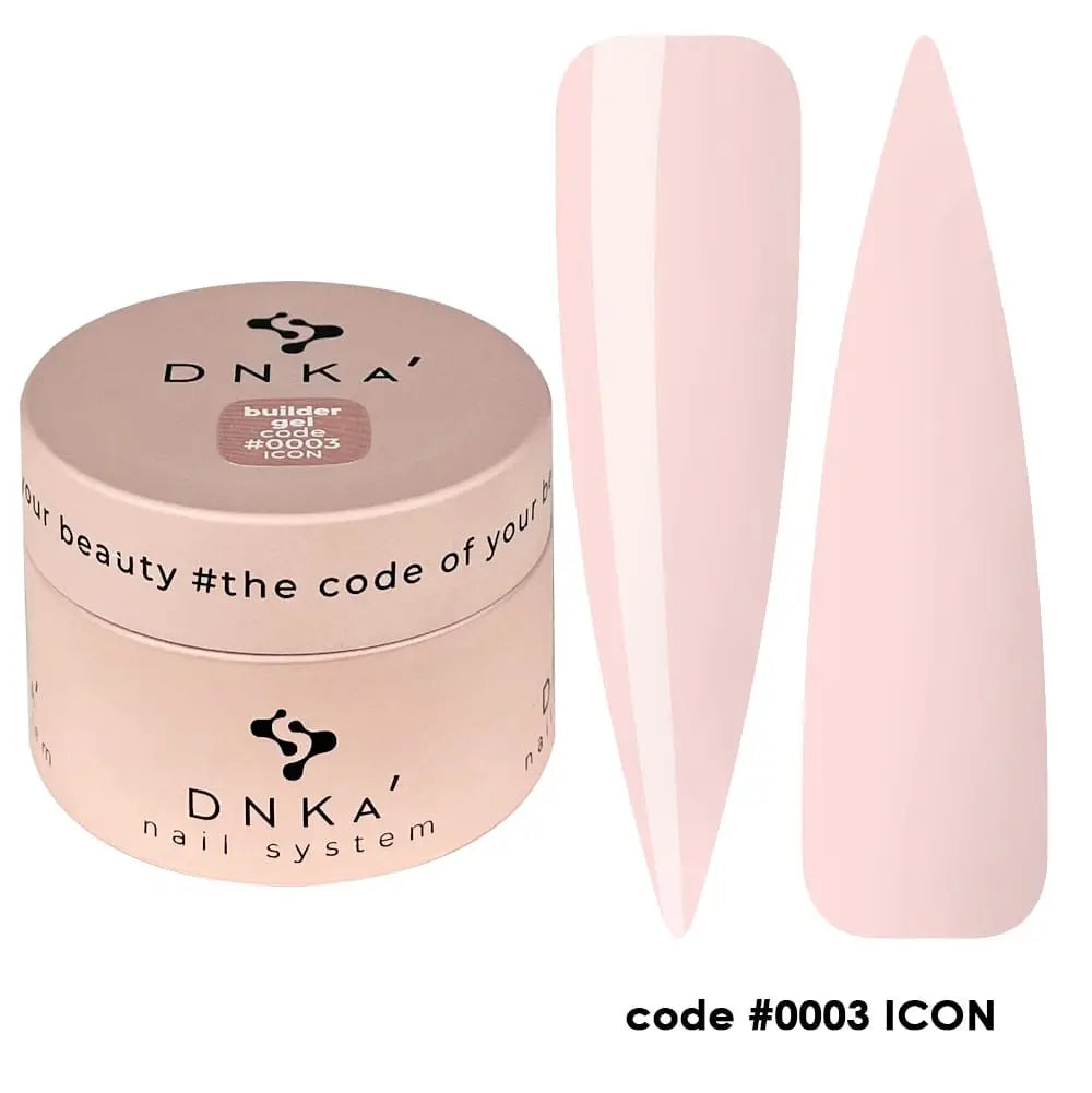A picture of DNKa' Builder Gel in a pink container with the code #0003 Icon, alongside a sample nail gel swatch displayed in front of the container.