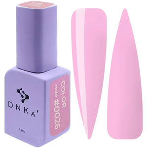 A bottle of DNKa' Gel Polish in color #0026 with a pink shade, accompanied by a visual representation of the nail polish application on a pink nail shape.