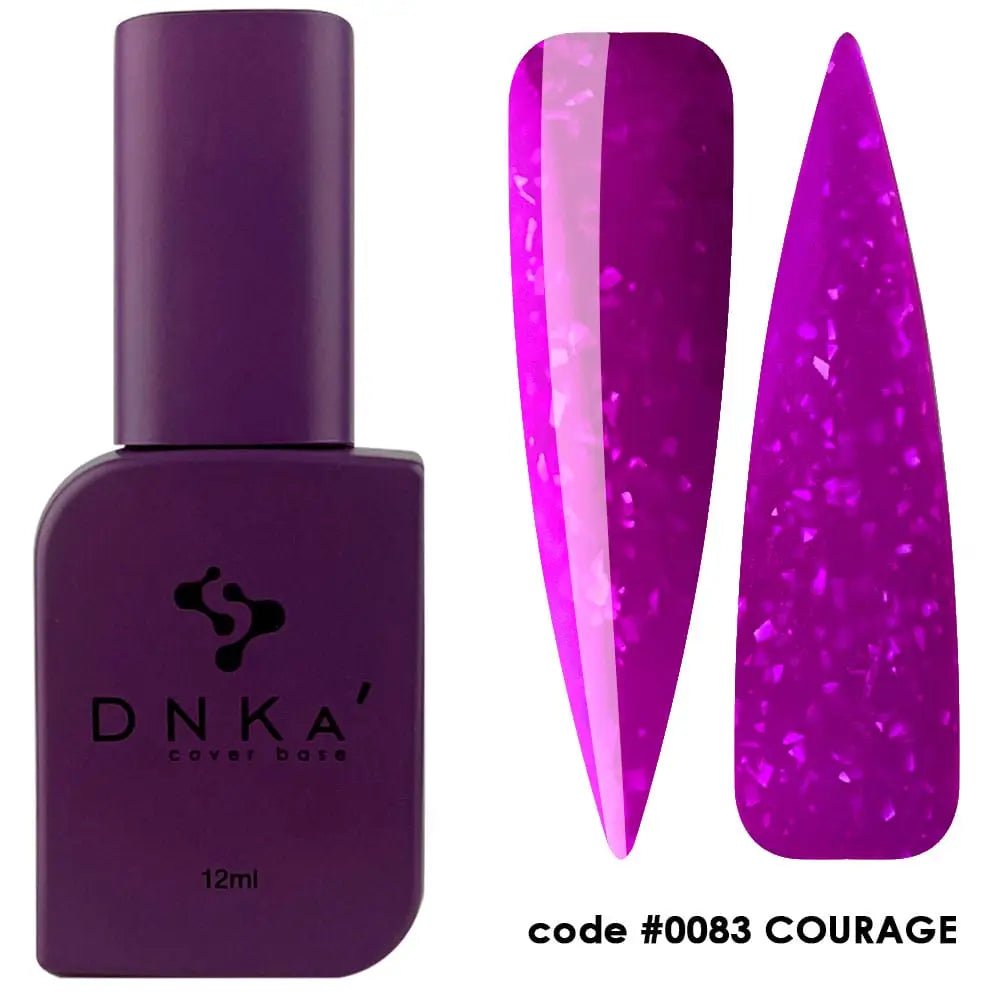 A bottle of DNKa' Cover Base with a glittery in purple color, multicolored nail polish-like finish, labeled as #0083 Courage, with a capacity indicator of 12 ml.