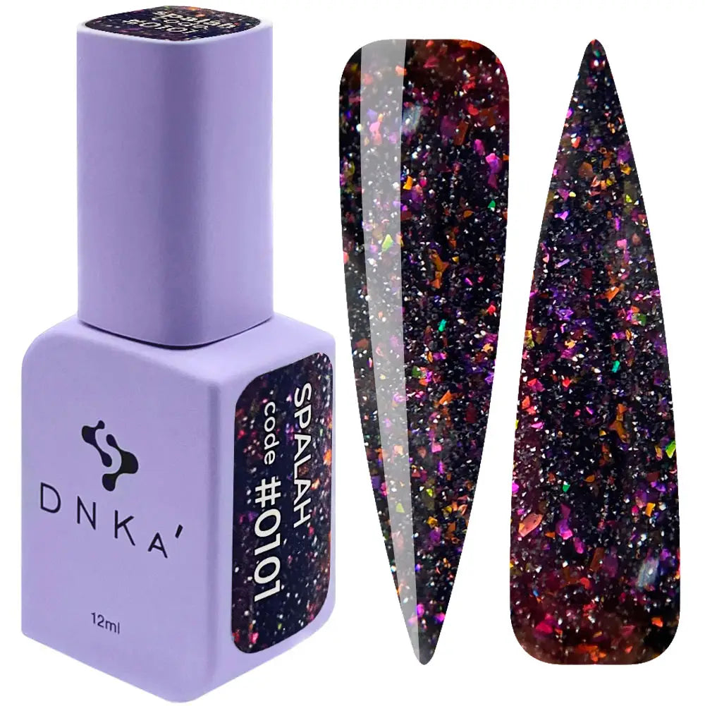 DNKA gel polish bottle of black color 0101 with a glittery  on a white background