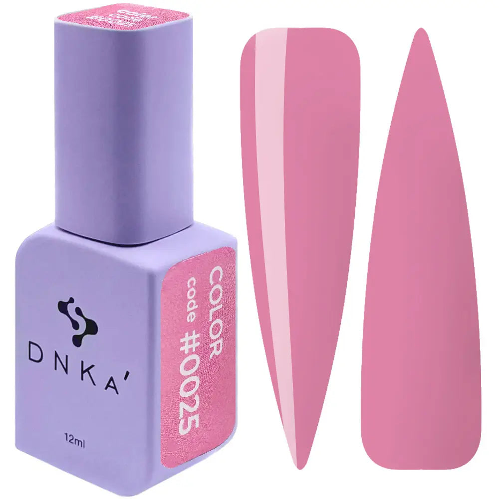 A purple bottle with a pink label indicating the color #0025, alongside a pink-colored gel polish swatch.