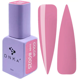 A purple bottle with a pink label indicating the color #0025, alongside a pink-colored gel polish swatch.