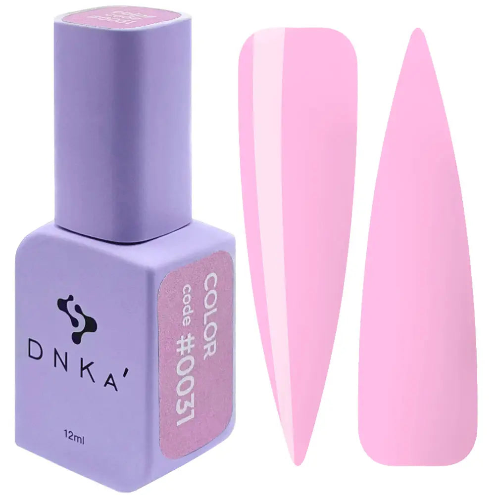A purple DNKa' Gel Polish bottle with the cap removed, showing the color #0031 gel polish inside. A swatch of the light pink polish is also displayed to the right of the bottle.
