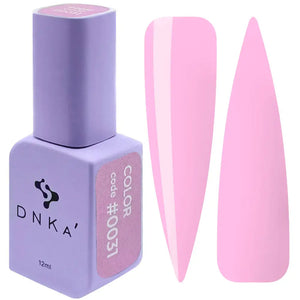 A purple DNKa' Gel Polish bottle with the cap removed, showing the color #0031 gel polish inside. A swatch of the light pink polish is also displayed to the right of the bottle.