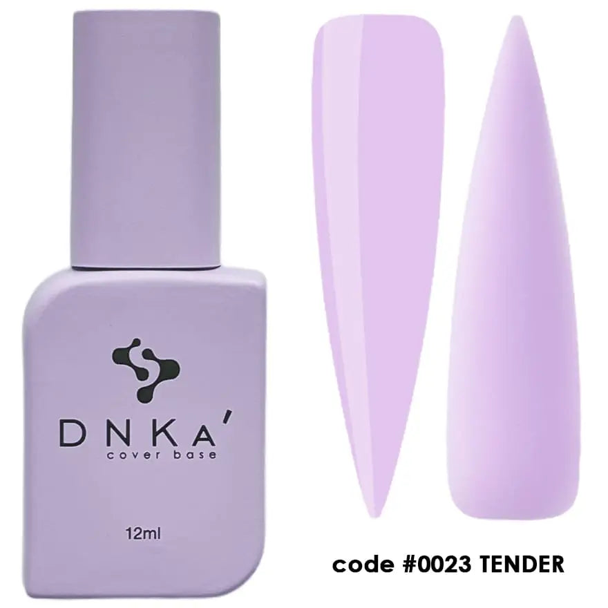 A bottle of DNKa' Cover Base #0023 Tender with a purple label and a small, pointed applicator brush. The volume indicated is 12 ml.