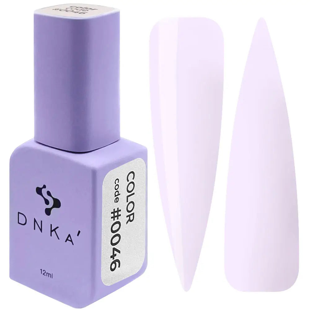 A purple DNKa' Gel Polish bottle with the cap removed, showing the light purple color of the polish. A purple-colored DNKa' Gel Polish bottle with the code #0046 and 12 ml volume indicated