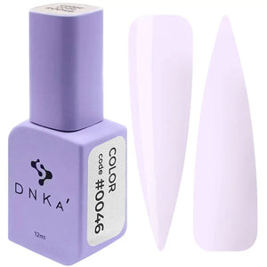 A purple DNKa' Gel Polish bottle with the cap removed, showing the light purple color of the polish. A purple-colored DNKa' Gel Polish bottle with the code #0046 and 12 ml volume indicated