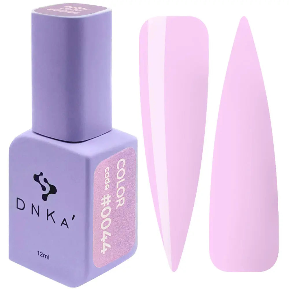 A purple DNKa' Gel Polish bottle with the cap removed, showing the light purple color of the polish. A purple-colored DNKa' Gel Polish bottle with the code #0044 and 12 ml volume indicated
