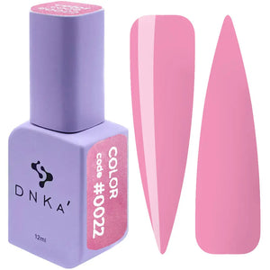 A bottle of DNKa' Gel Polish in color #0022, alongside a pair of pink-colored nail polish bottle caps.