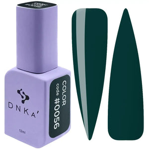 A bottle of DNKa' Gel Polish in color #0056, alongside a swatch showing the dark green color of the polish.
