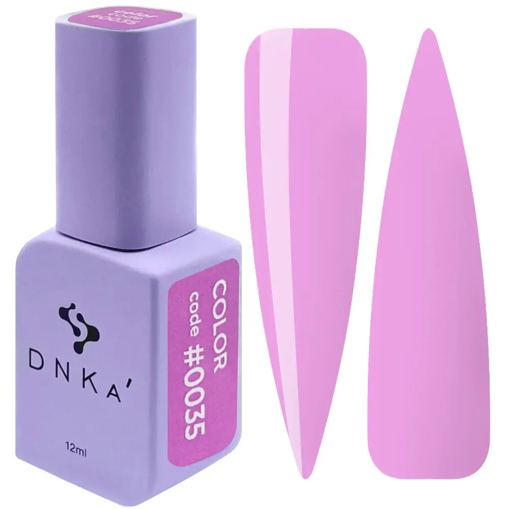 A bottle of DNKa' Gel Polish in color #0035, alongside a swatch demonstrating the glossy pink finish of the polish.