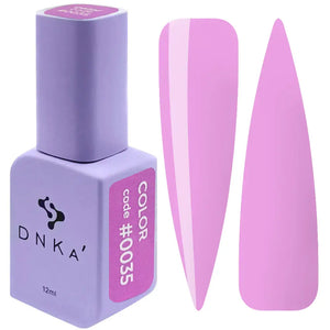 A bottle of DNKa' Gel Polish in color #0035, alongside a swatch demonstrating the glossy pink finish of the polish.