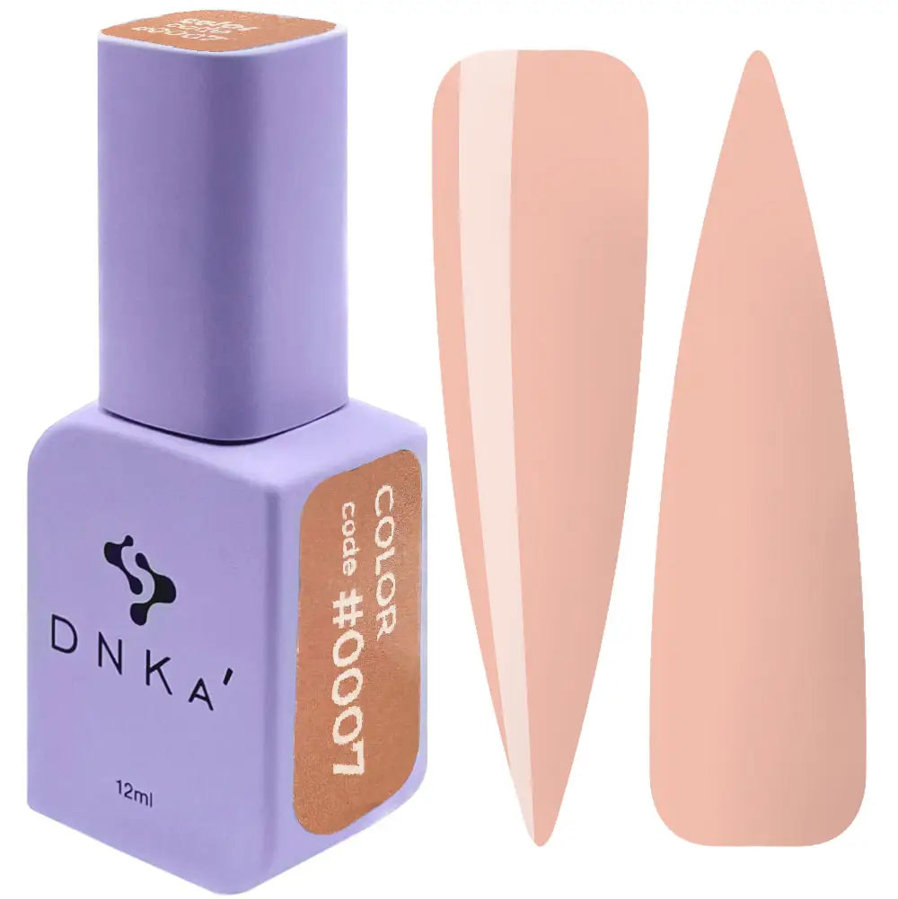 A purple DNKa' Gel Polish bottle with a velvet-like texture and a shade guide label indicating color #0007 light brown nude color