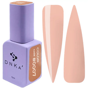 A purple DNKa' Gel Polish bottle with a velvet-like texture and a shade guide label indicating color #0007 light brown nude color