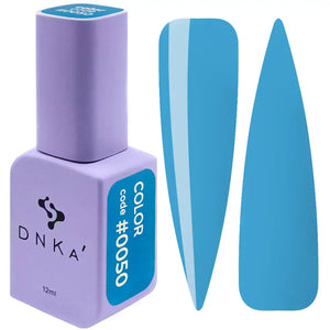 A purple DNKa' Gel Polish bottle with the cap removed, showing the light blue color of the polish, alongside a blue nail polish wedge. A purple-colored DNKa' Gel Polish bottle with the code #0050 and 12 ml volume indicated