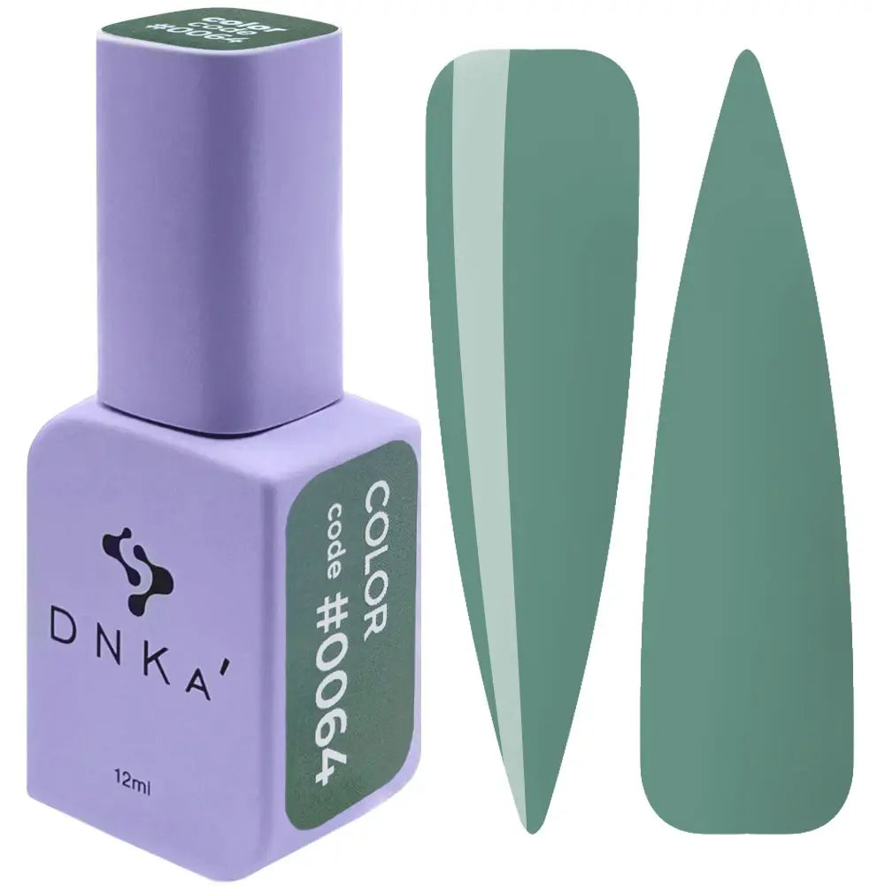 A bottle of DNKa' Gel Polish in color #0064, alongside a swatch of the green polish.