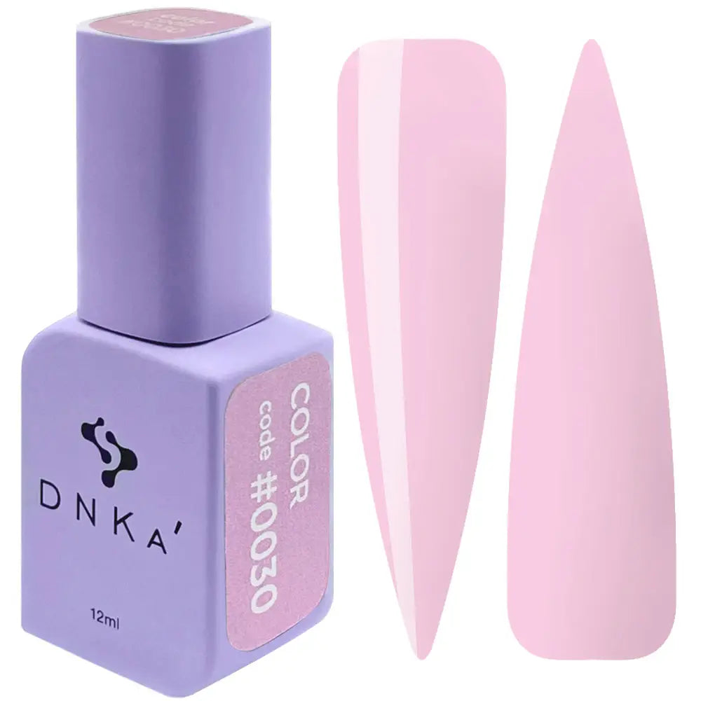 A purple DNKa' Gel Polish bottle with the cap removed, showing a pink-colored gel polish inside. The brand's logo and the color #0030 are visible on the bottle.