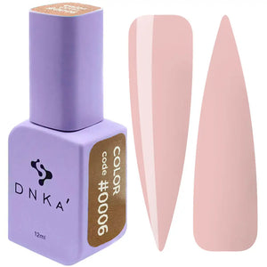 A purple DNKa' Gel Polish bottle with a velvet-like texture and a shade guide label indicating color #0006 light brown nude color