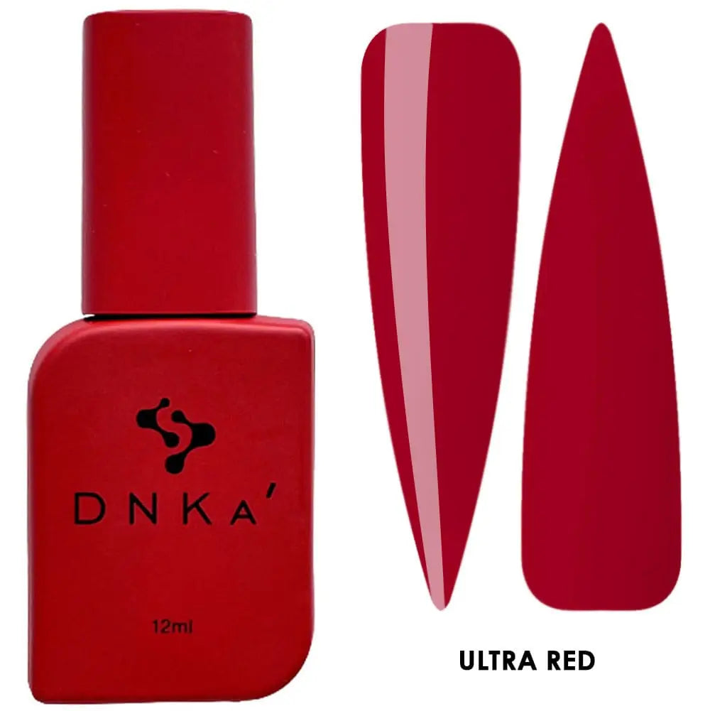 A bottle of DNKa' Gel Polish in classic red  color Ultra Red alongside a visual representation of the nail polish application on a nail shape.