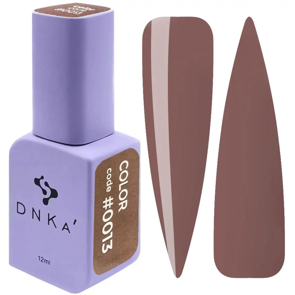 A square bottle of DNKa' Gel Polish in color #0013 with a purple cap, alongside a visual representation of the brown polish color on a nail shape.