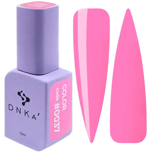 A bottle of DNKa' Gel Polish in color #0037, alongside a pair of pink nail polish bottle caps.