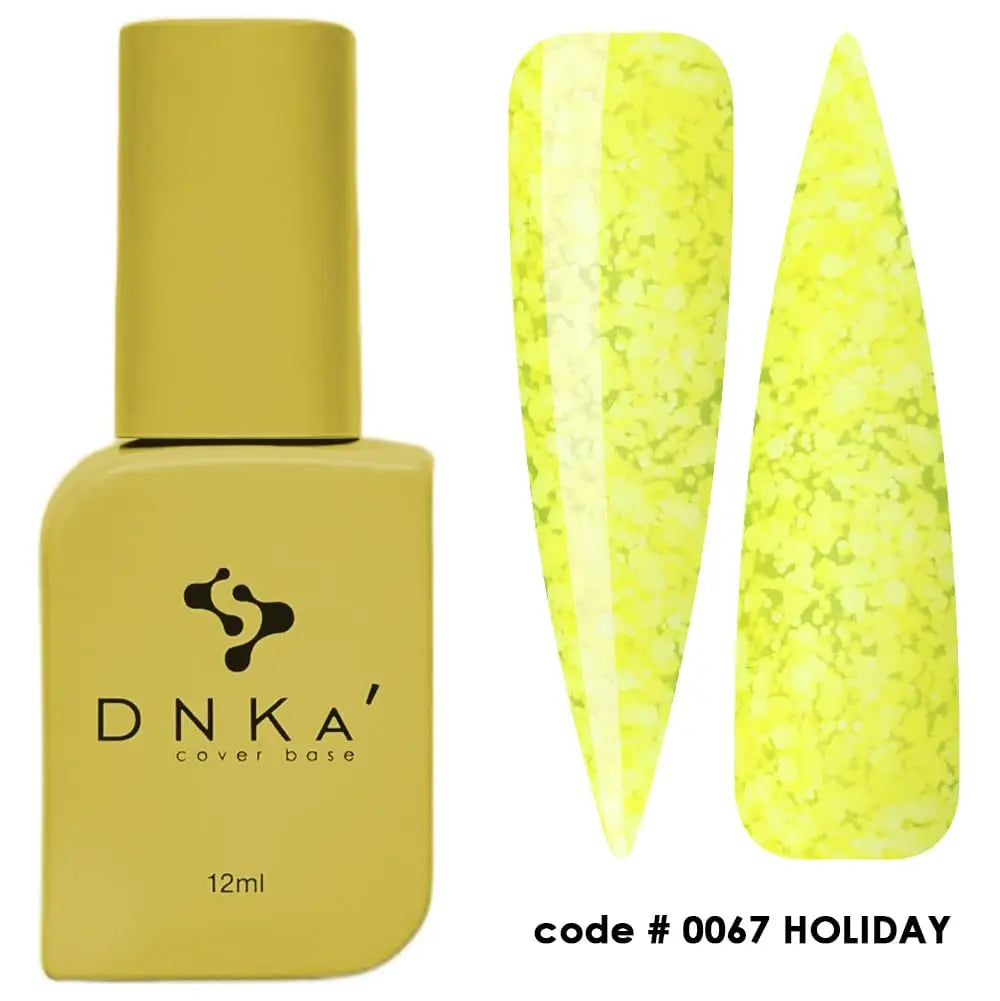 A bottle of DNKa' Cover Base #0067 Holiday  in a yellow shade, alongside a sample nail color swatch.