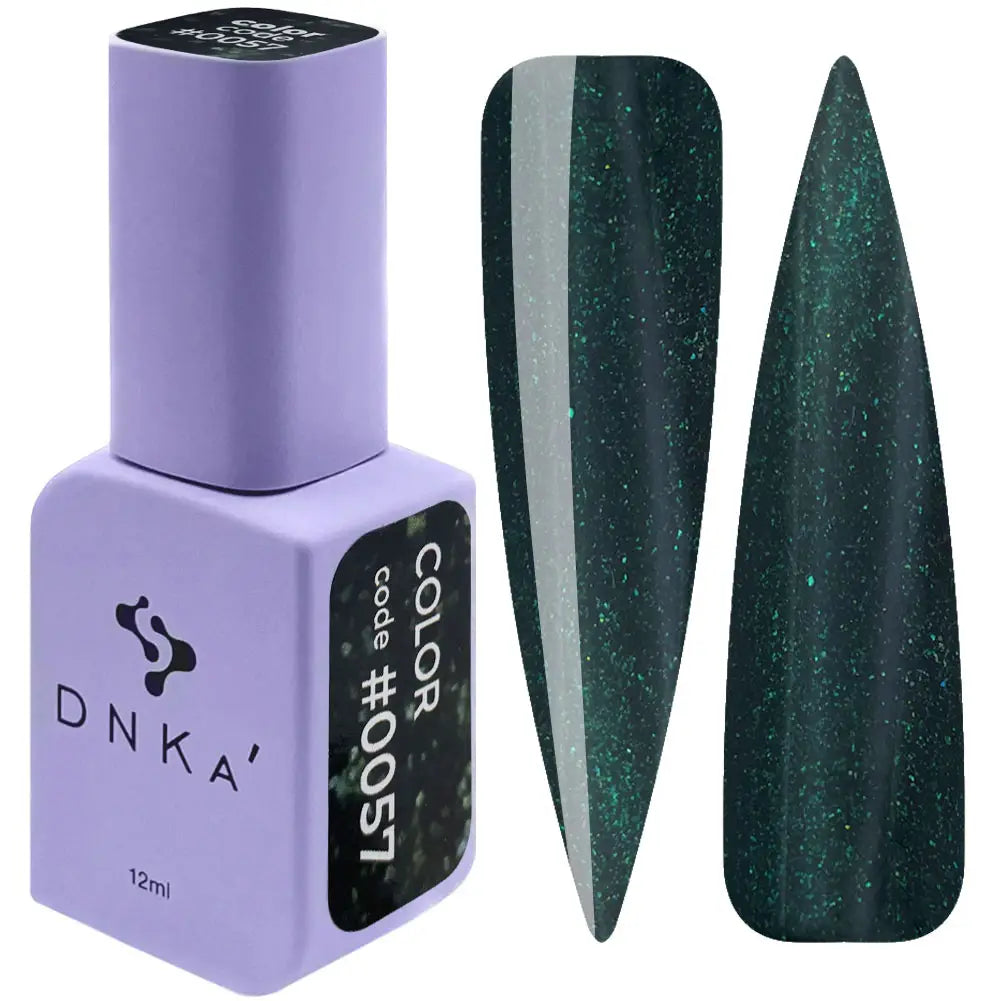 A bottle of DNKa' Gel Polish in color #0057, which is a deep green color with shimmer, alongside a swatch of the polish showing its application and color.