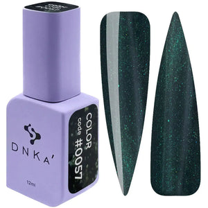 A bottle of DNKa' Gel Polish in color #0057, which is a deep green color with shimmer, alongside a swatch of the polish showing its application and color.
