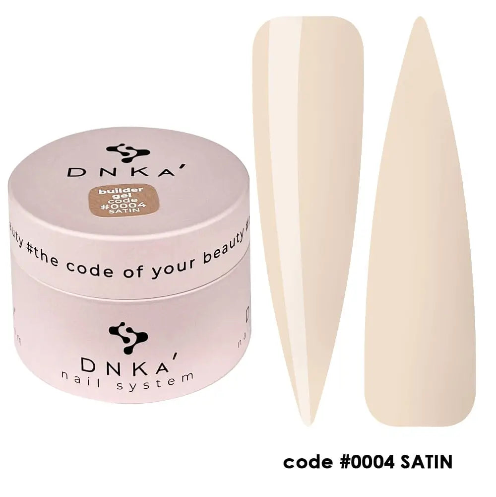 The image shows a pink container labeled 'DNKa' Builder Gel with a satin finish, alongside a pair of nails to indicate the product is used for nail care. The container indicates a 30 ml volume and the code #0004 Satin.
